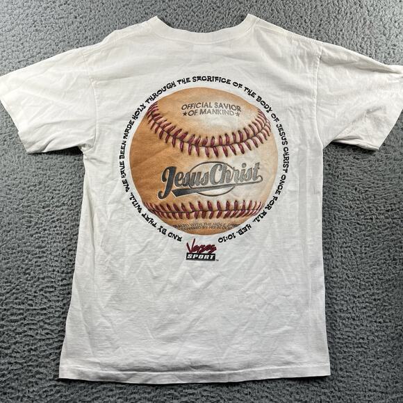 Verses Wear Other - VINTAGE JESUS BASEBALL SHIRT MENS LARGE WHITE SINGLE STITCH USA MADE DOUBLE SIDE